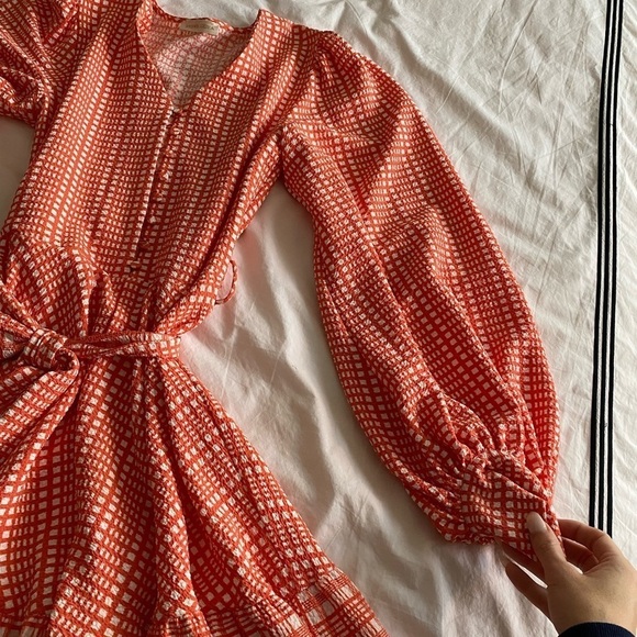 Stine Goya-NWOT “Farrow” Coral Plaid Long puff sleeve Waist Tie Flare Mini Dress - Picture 7 of 9